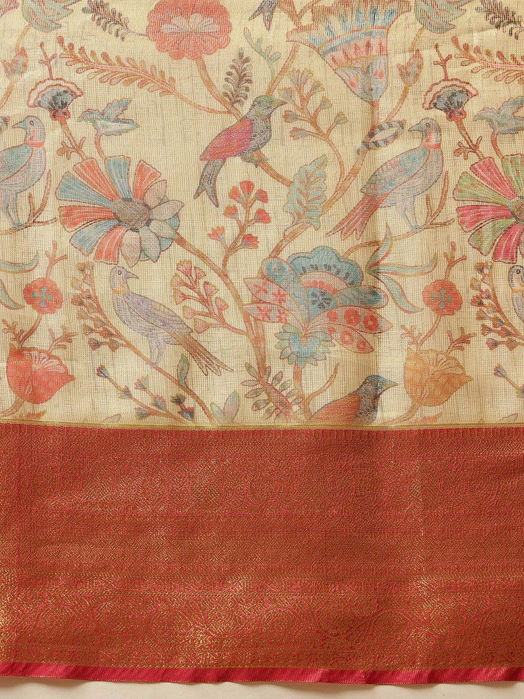 Hiral Fashion Beige Banarasi Muga Silk Pichwai Digital Printed Saree | Grocsy