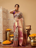 Hiral Fashion Lavender Banarasi Muga Silk Pichwai Digital Printed Saree | Grocsy