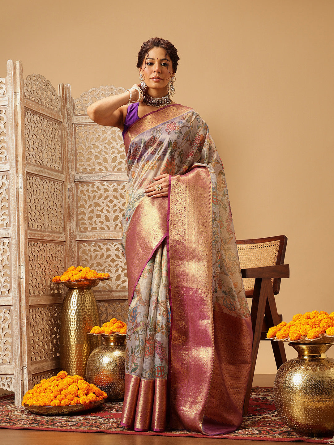 Hiral Fashion Lavender Banarasi Muga Silk Pichwai Digital Printed Saree | Grocsy