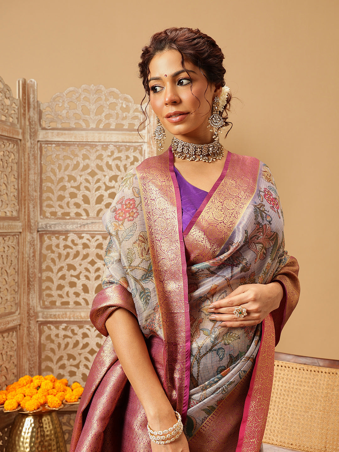 Hiral Fashion Lavender Banarasi Muga Silk Pichwai Digital Printed Saree | Grocsy