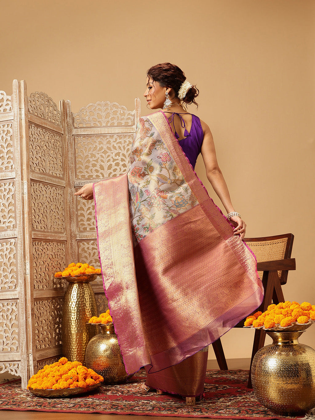 Hiral Fashion Lavender Banarasi Muga Silk Pichwai Digital Printed Saree | Grocsy