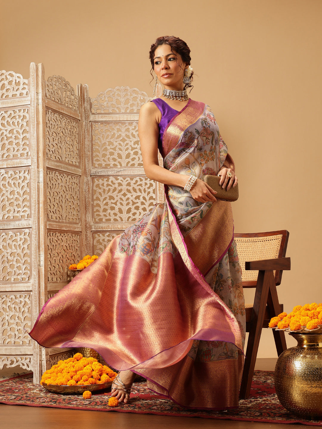 Hiral Fashion Lavender Banarasi Muga Silk Pichwai Digital Printed Saree | Grocsy