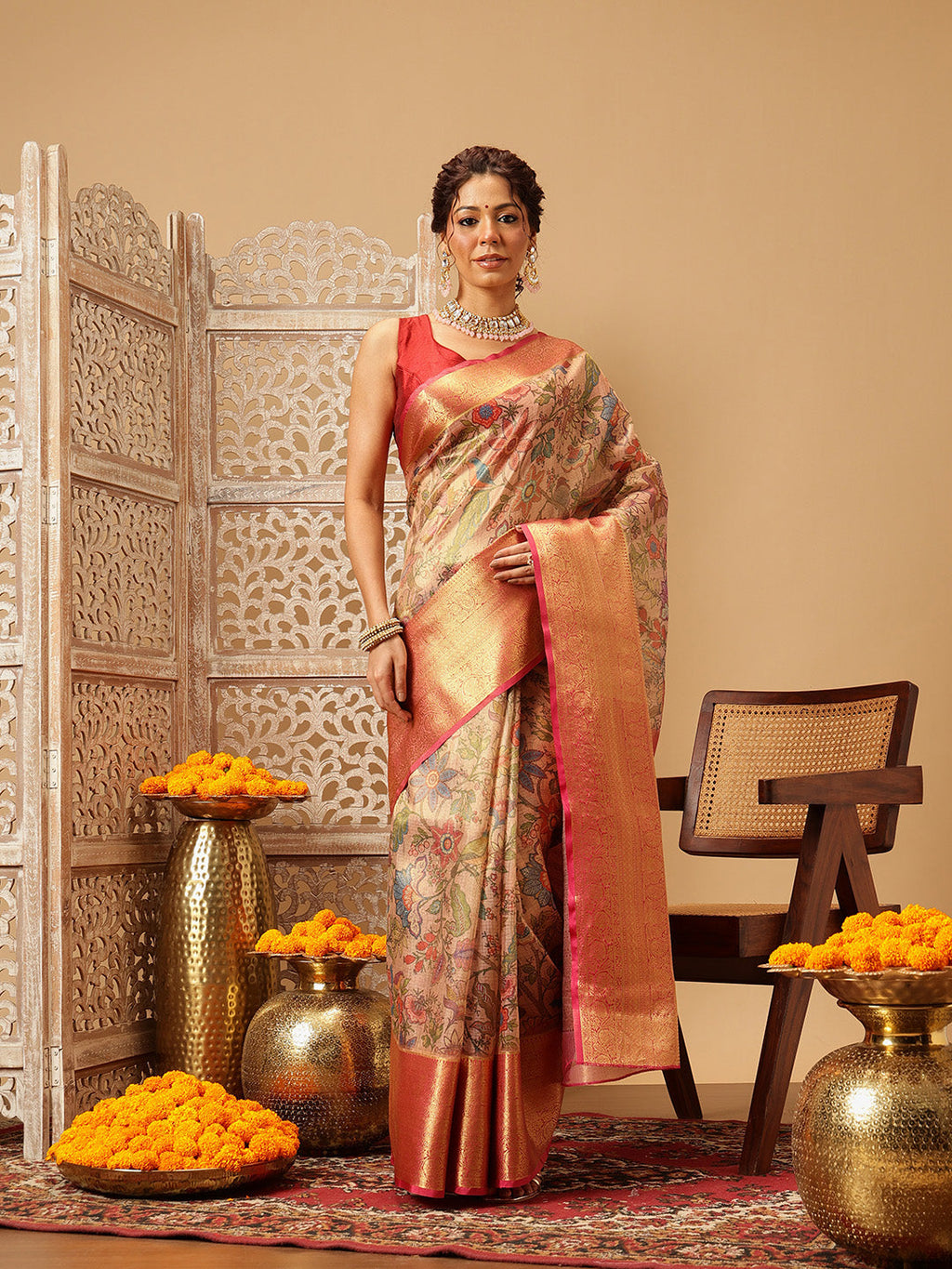 Hiral Fashion Peach Banarasi Muga Silk Pichwai Digital Printed Saree | Grocsy