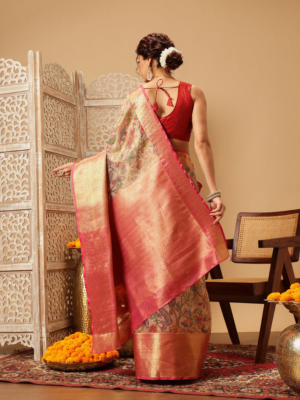Hiral Fashion Peach Banarasi Muga Silk Pichwai Digital Printed Saree | Grocsy