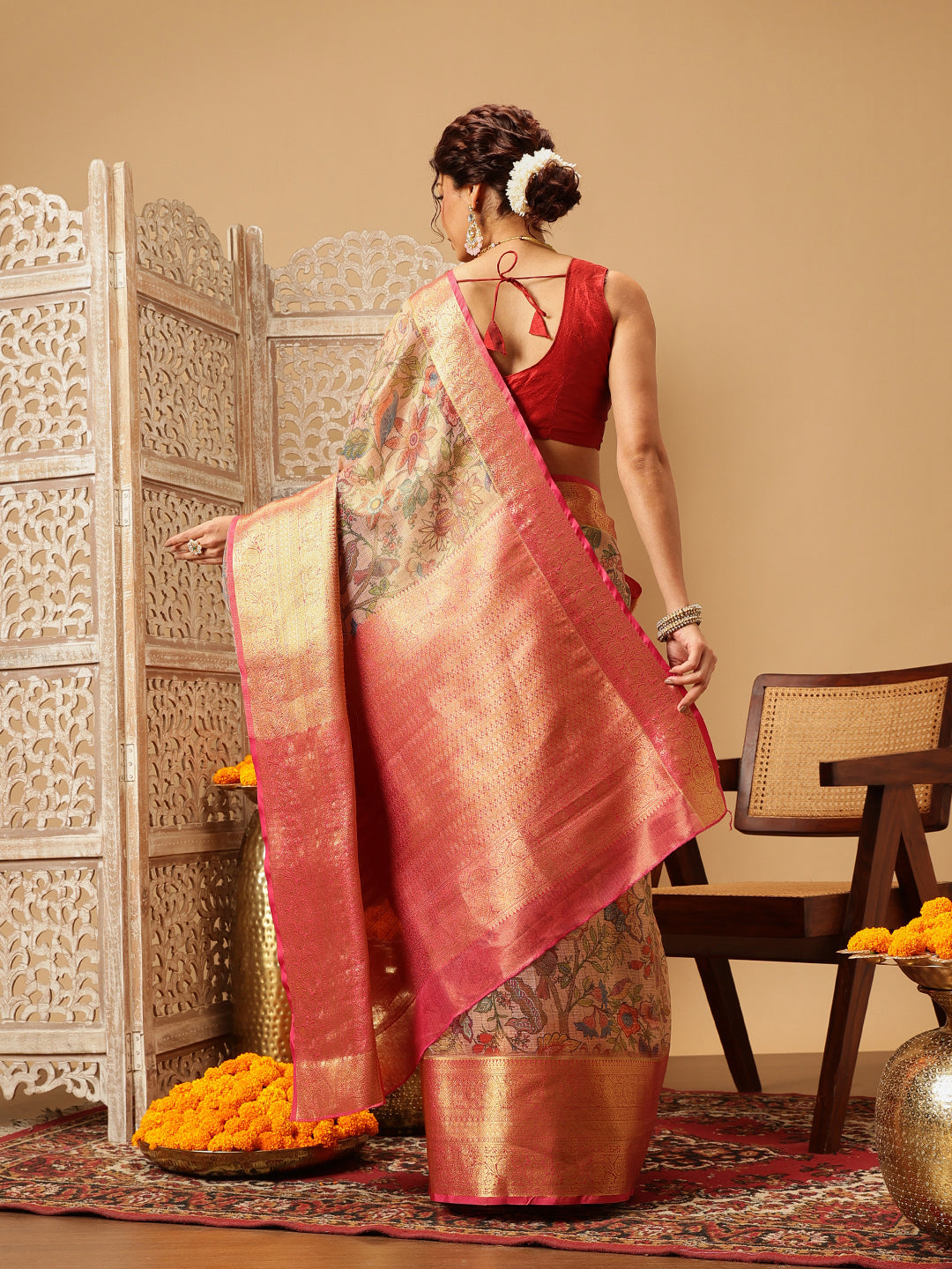 Hiral Fashion Peach Banarasi Muga Silk Pichwai Digital Printed Saree | Grocsy
