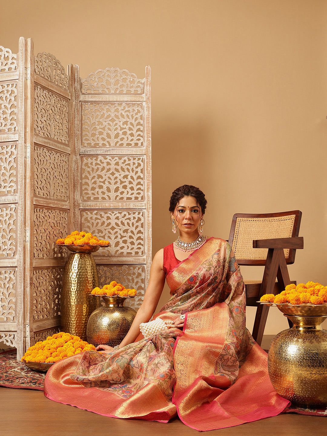 Hiral Fashion Peach Banarasi Muga Silk Pichwai Digital Printed Saree | Grocsy