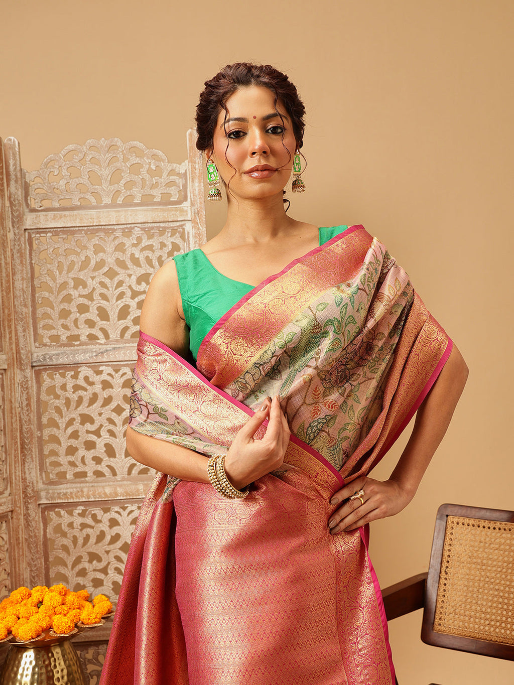 Hiral Fashion Pink Banarasi Muga Silk Pichwai Digital Printed Saree | Grocsy