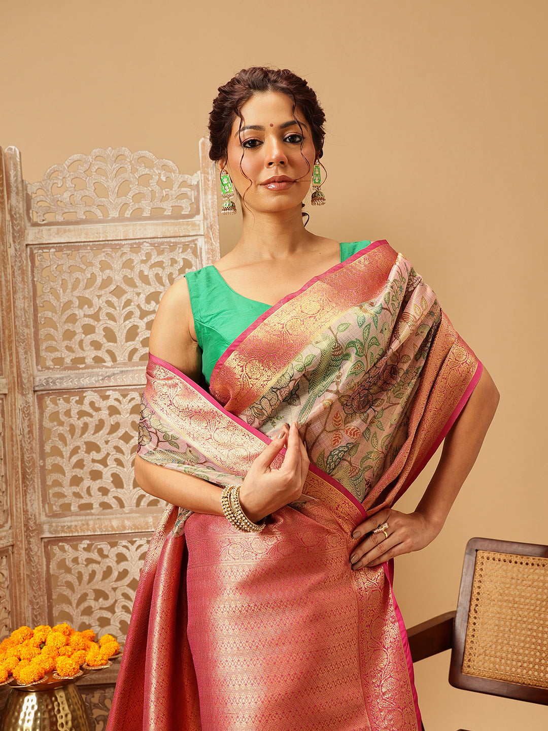 Hiral Fashion Pink Banarasi Muga Silk Pichwai Digital Printed Saree | Grocsy