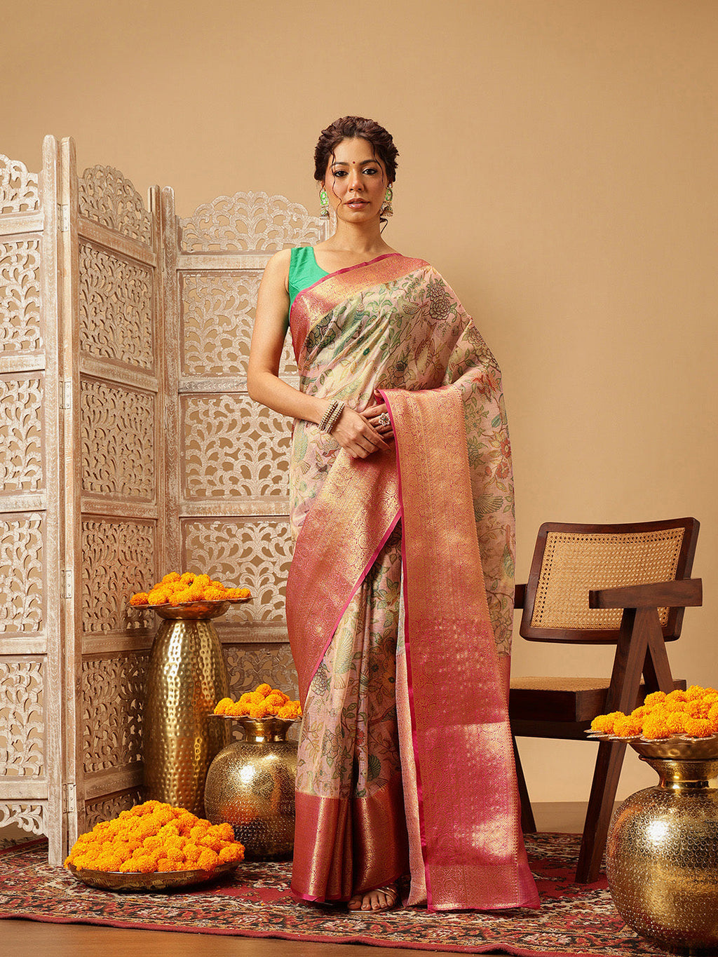 Hiral Fashion Pink Banarasi Muga Silk Pichwai Digital Printed Saree | Grocsy