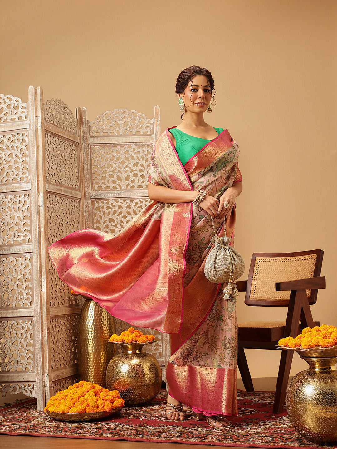 Hiral Fashion Pink Banarasi Muga Silk Pichwai Digital Printed Saree | Grocsy