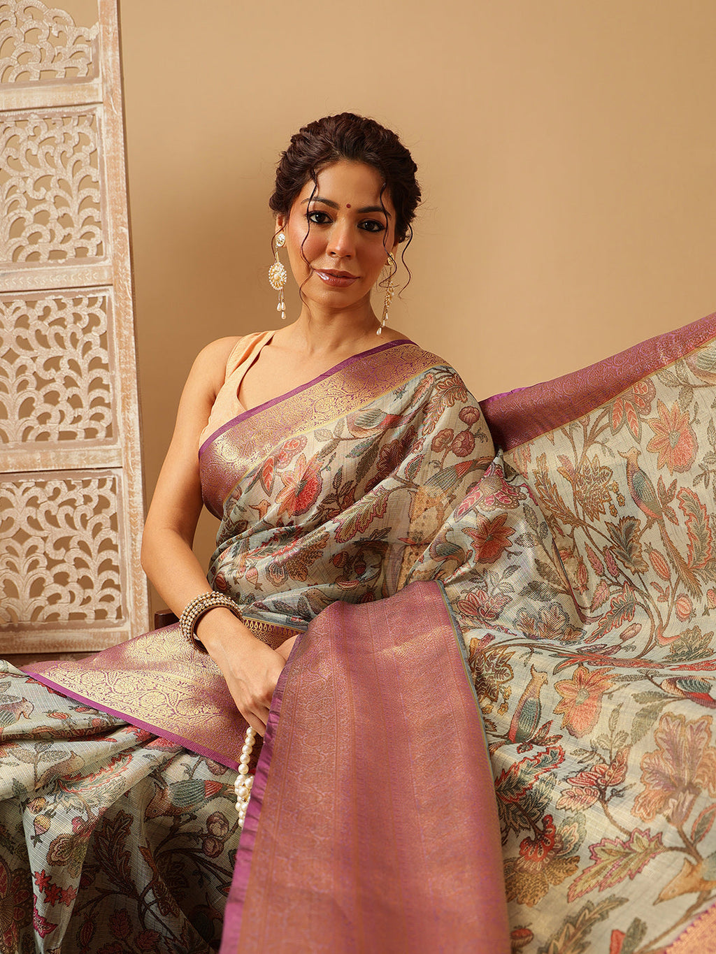 Hiral Fashion Teal Banarasi Muga Silk Pichwai Digital Printed Saree | Grocsy