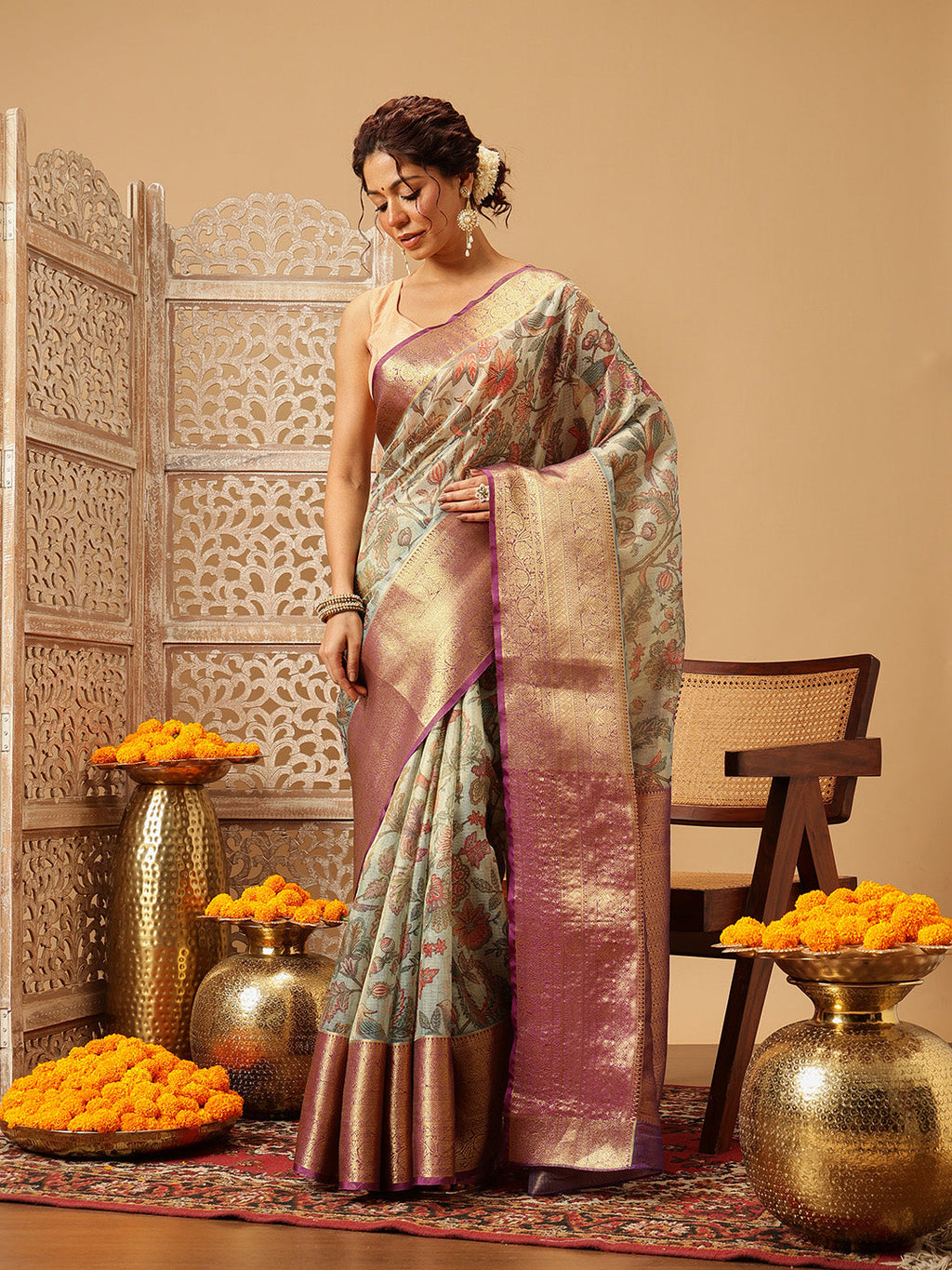 Hiral Fashion Teal Banarasi Muga Silk Pichwai Digital Printed Saree | Grocsy