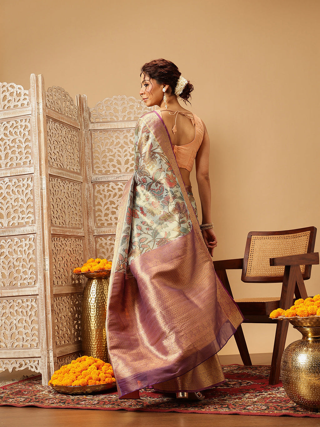 Hiral Fashion Teal Banarasi Muga Silk Pichwai Digital Printed Saree | Grocsy