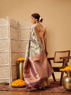 Hiral Fashion Teal Banarasi Muga Silk Pichwai Digital Printed Saree | Grocsy