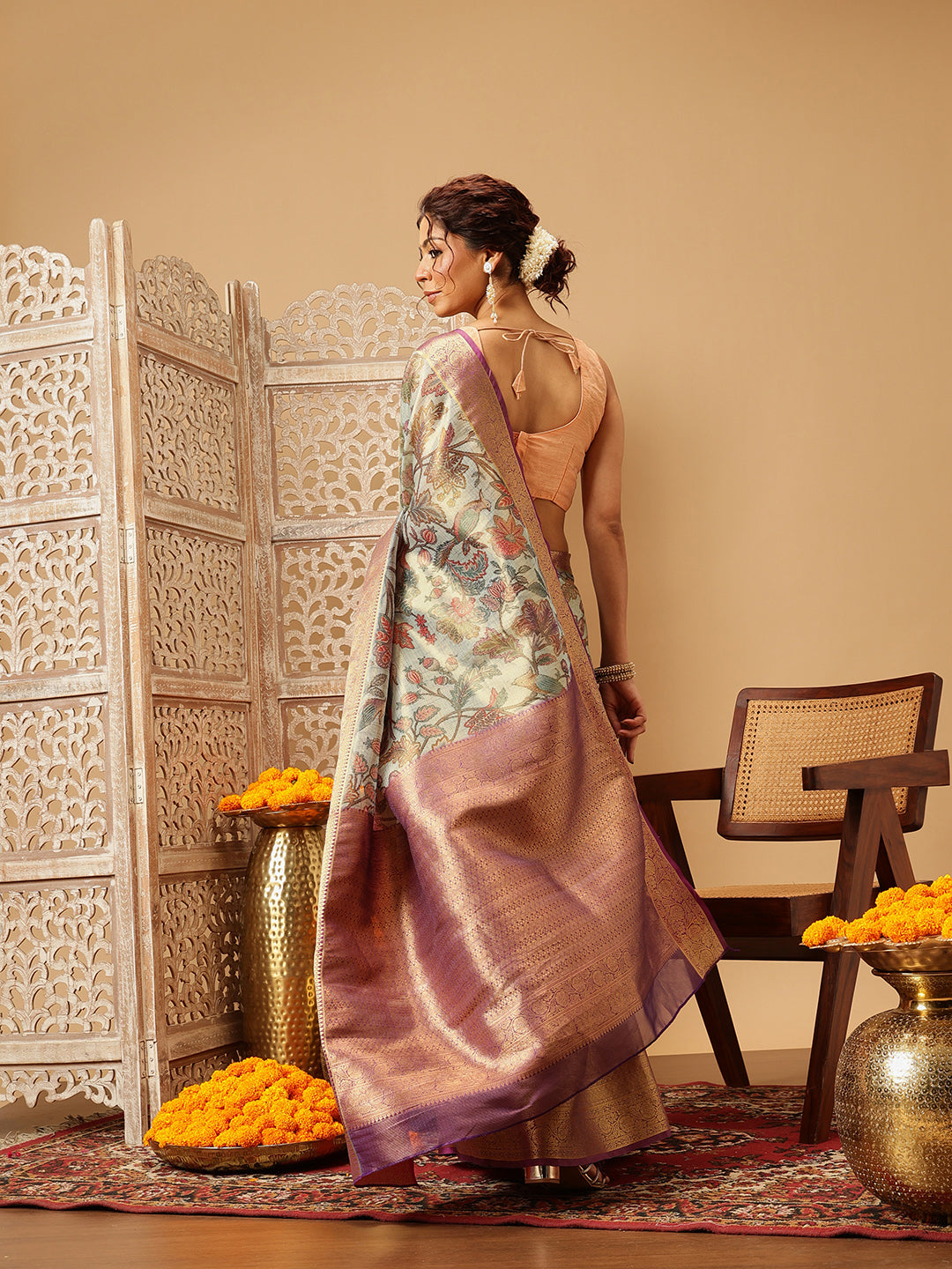 Hiral Fashion Teal Banarasi Muga Silk Pichwai Digital Printed Saree | Grocsy