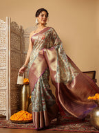 Hiral Fashion Teal Banarasi Muga Silk Pichwai Digital Printed Saree | Grocsy