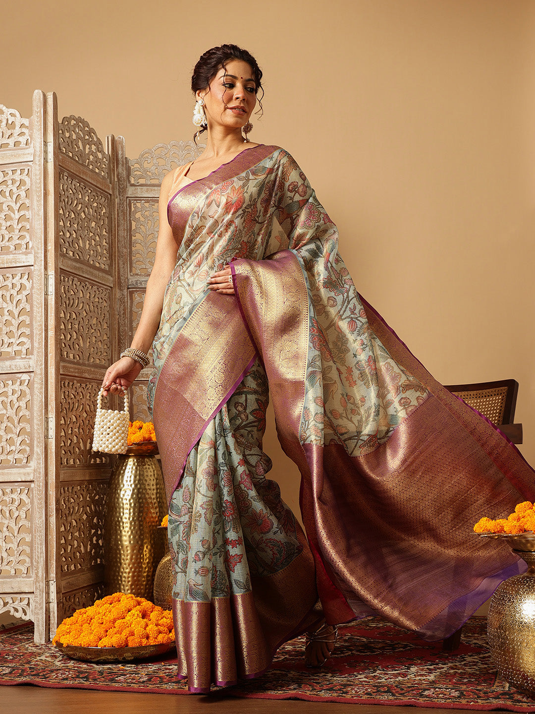 Hiral Fashion Teal Banarasi Muga Silk Pichwai Digital Printed Saree | Grocsy