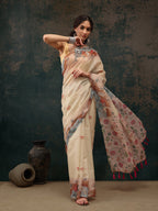 Beige Cotton Blend Digital Print Animal Print Saree with Unstitched Blouse - Hiral Fashion | Grocsy
