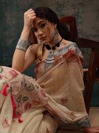 Beige Cotton Blend Digital Print Animal Print Saree with Unstitched Blouse - Hiral Fashion | Grocsy