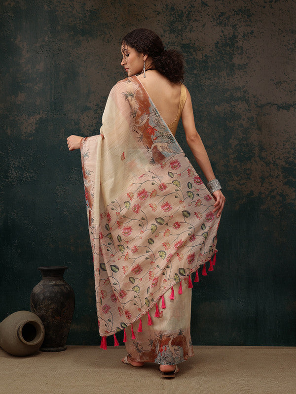 Beige Cotton Blend Digital Print Animal Print Saree with Unstitched Blouse - Hiral Fashion | Grocsy