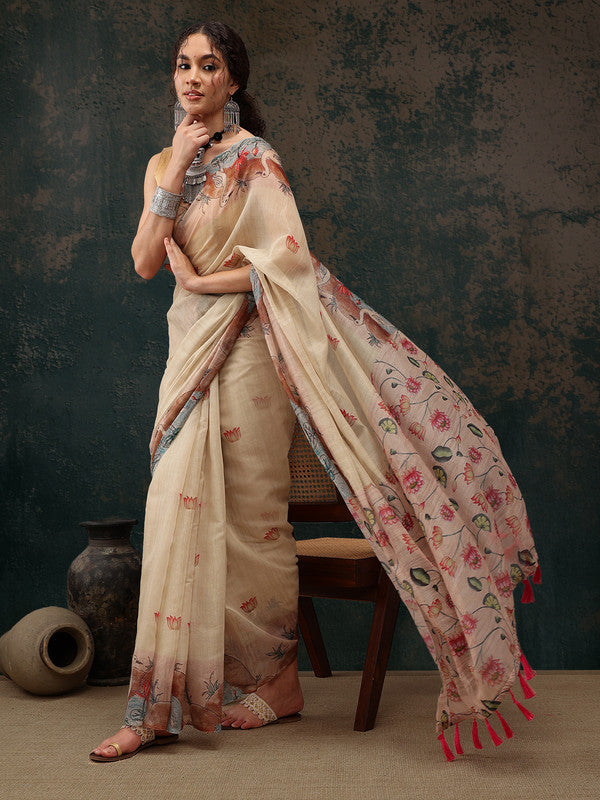 Beige Cotton Blend Digital Print Animal Print Saree with Unstitched Blouse - Hiral Fashion | Grocsy