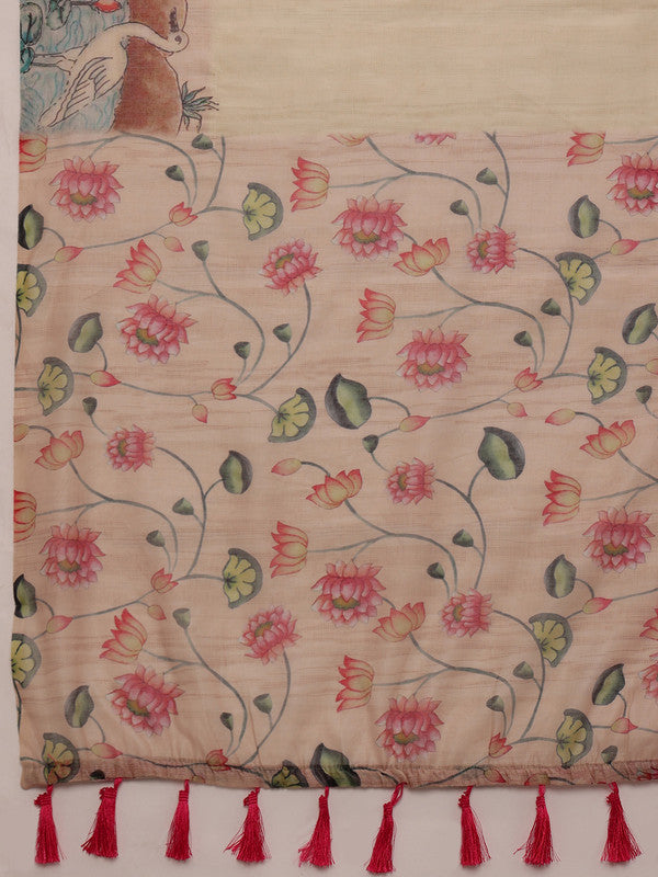Beige Cotton Blend Digital Print Animal Print Saree with Unstitched Blouse - Hiral Fashion | Grocsy