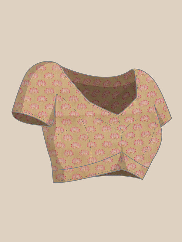Beige Cotton Blend Digital Print Animal Print Saree with Unstitched Blouse - Hiral Fashion | Grocsy