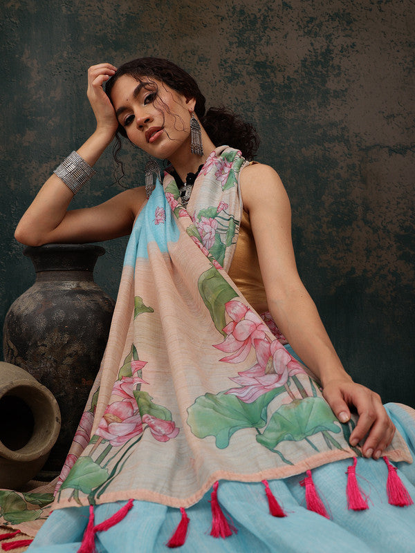 Blue Cotton Blend Digital Print Animal Print Saree with Unstitched Blouse - Hiral Fashion | Grocsy