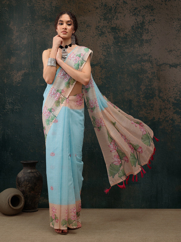 Blue Cotton Blend Digital Print Animal Print Saree with Unstitched Blouse - Hiral Fashion | Grocsy