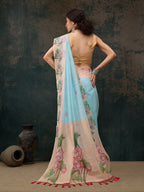 Blue Cotton Blend Digital Print Animal Print Saree with Unstitched Blouse - Hiral Fashion | Grocsy