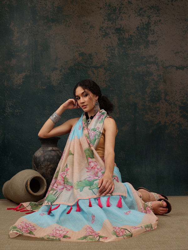 Blue Cotton Blend Digital Print Animal Print Saree with Unstitched Blouse - Hiral Fashion | Grocsy