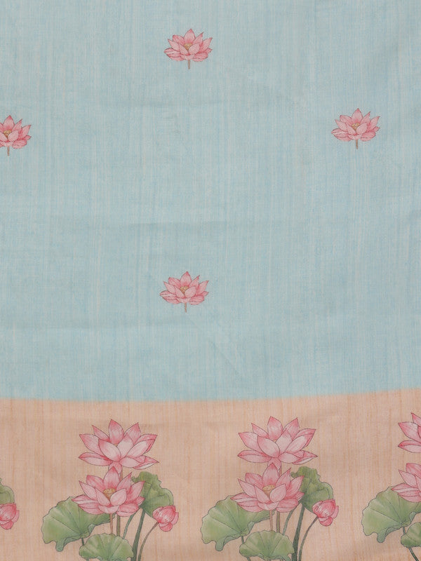 Blue Cotton Blend Digital Print Animal Print Saree with Unstitched Blouse - Hiral Fashion | Grocsy