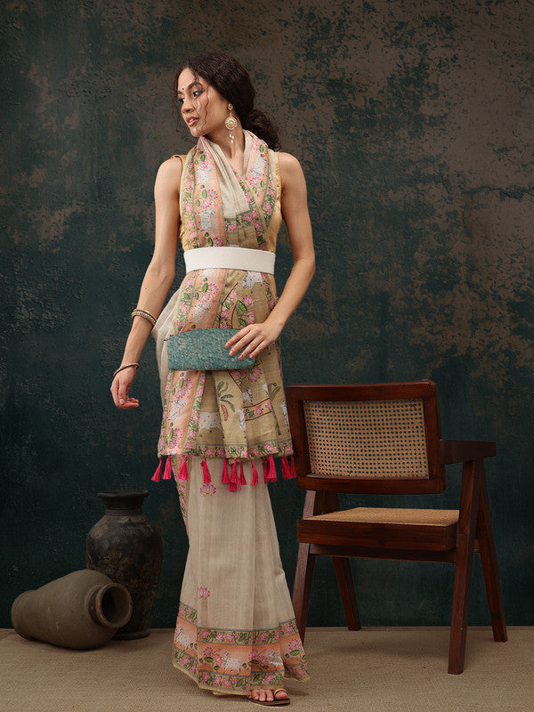 Green Cotton Blend Digital Print Animal Print Saree with Unstitched Blouse - Hiral Fashion | Grocsy