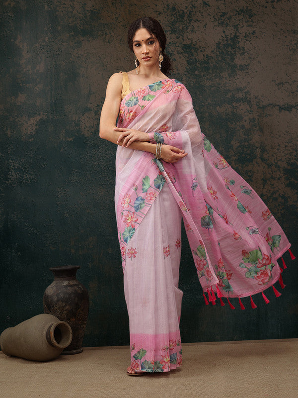 Light Pink Cotton Blend Digital Print Animal Print Saree with Unstitched Blouse - Hiral Fashion | Grocsy
