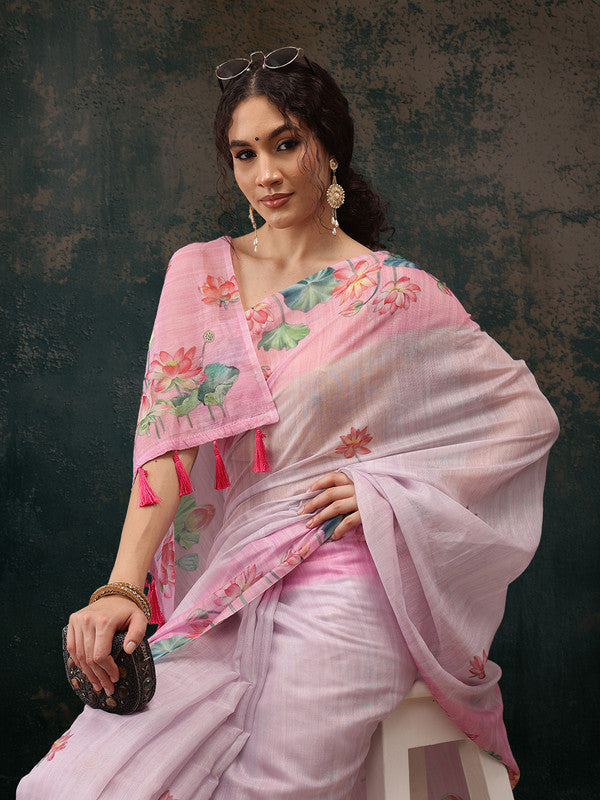 Light Pink Cotton Blend Digital Print Animal Print Saree with Unstitched Blouse - Hiral Fashion | Grocsy