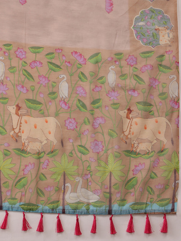 Lavender Cotton Blend Digital Print Animal Print Saree with Unstitched Blouse - Hiral Fashion | Grocsy