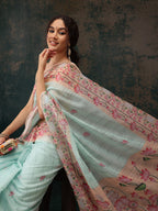 Turquoise Cotton Blend Digital Print Animal Print Saree with Unstitched Blouse - Hiral Fashion | Grocsy