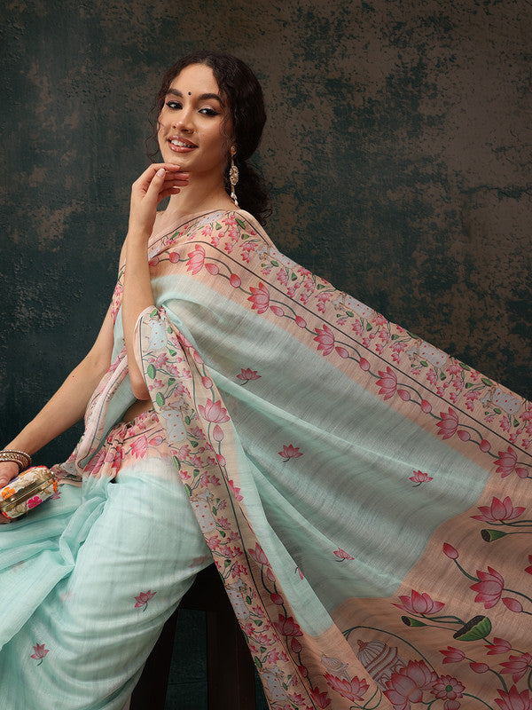 Turquoise Cotton Blend Digital Print Animal Print Saree with Unstitched Blouse - Hiral Fashion | Grocsy