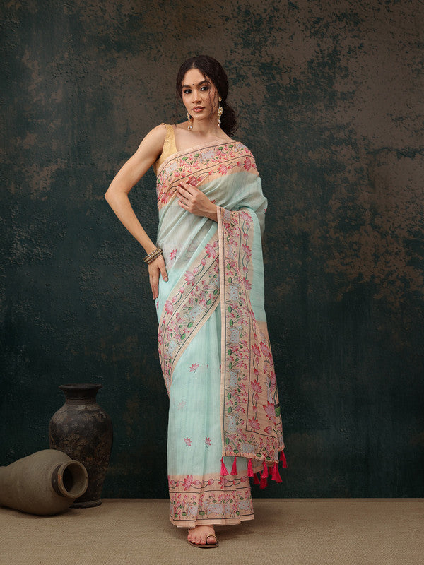 Turquoise Cotton Blend Digital Print Animal Print Saree with Unstitched Blouse - Hiral Fashion | Grocsy