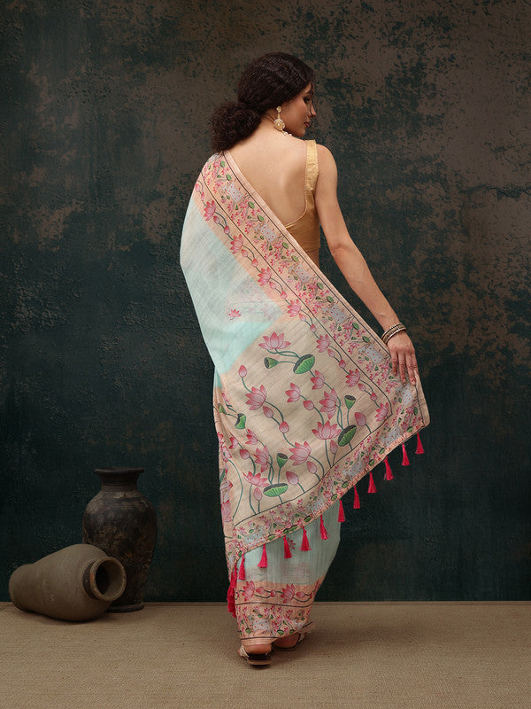 Turquoise Cotton Blend Digital Print Animal Print Saree with Unstitched Blouse - Hiral Fashion | Grocsy