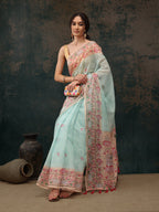 Turquoise Cotton Blend Digital Print Animal Print Saree with Unstitched Blouse - Hiral Fashion | Grocsy