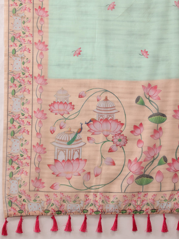 Turquoise Cotton Blend Digital Print Animal Print Saree with Unstitched Blouse - Hiral Fashion | Grocsy