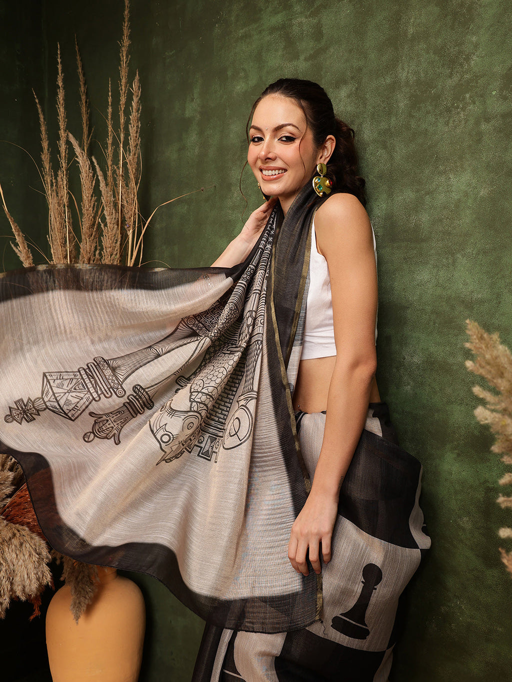 Hiral Fashion Black Chanderi Cotton Blend Abstract Digital Printed Saree | Grocsy