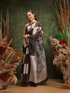 Hiral Fashion Black Chanderi Cotton Blend Abstract Digital Printed Saree | Grocsy