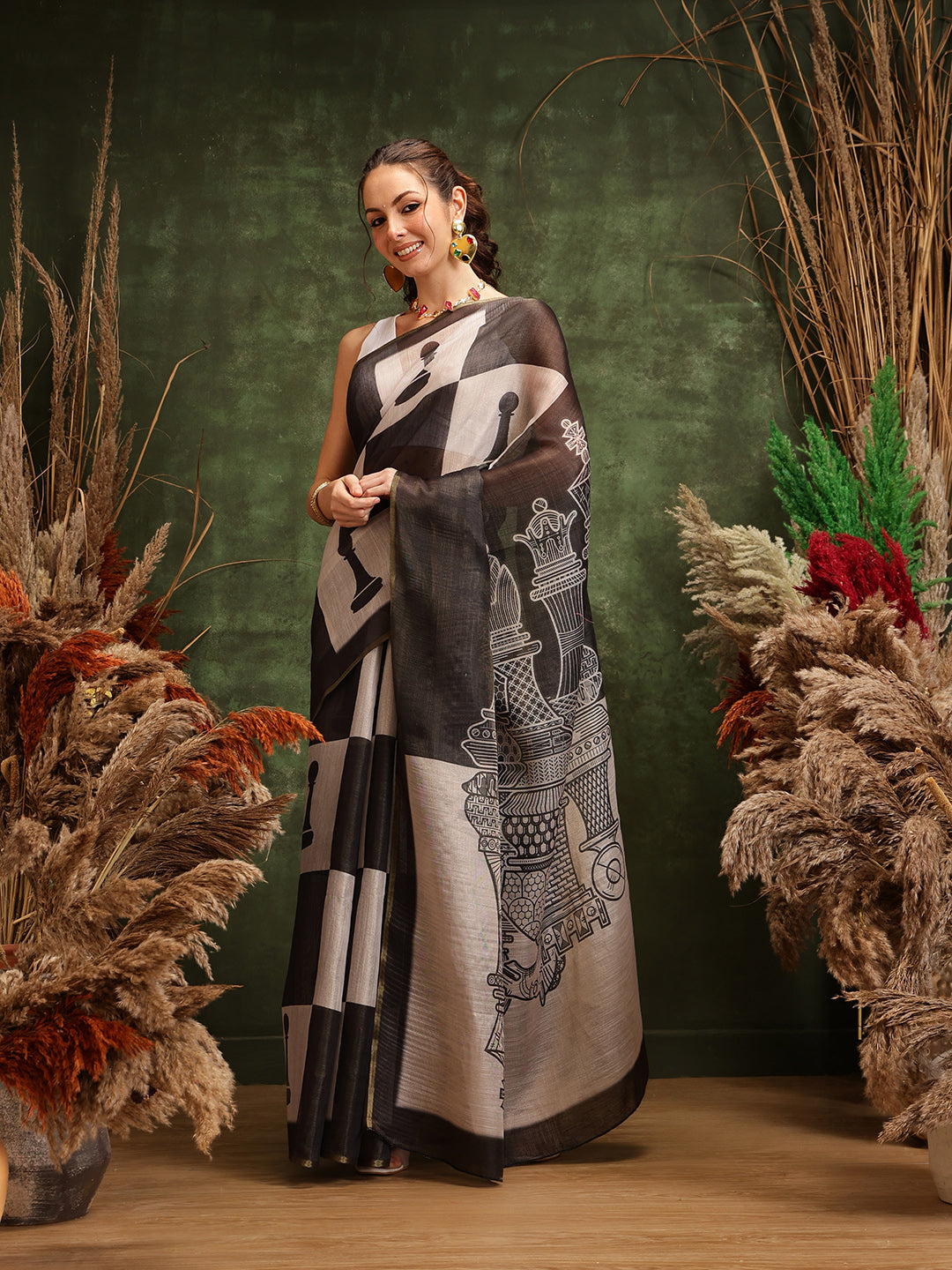 Hiral Fashion Black Chanderi Cotton Blend Abstract Digital Printed Saree | Grocsy
