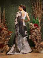 Hiral Fashion Black Chanderi Cotton Blend Abstract Digital Printed Saree | Grocsy
