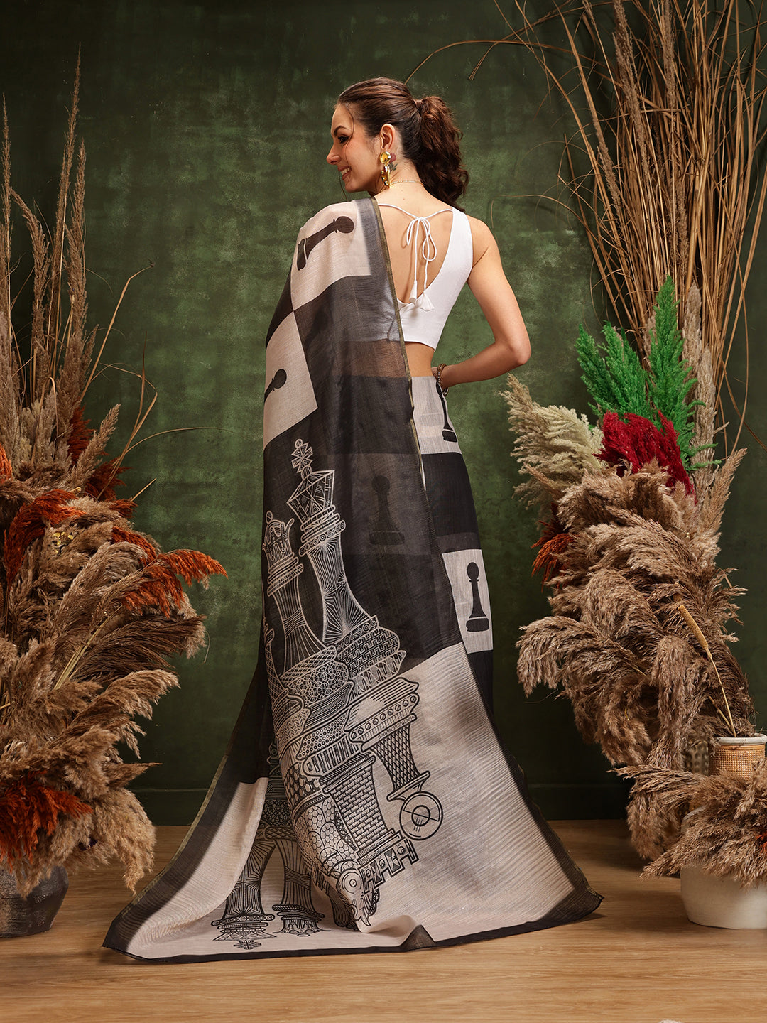 Hiral Fashion Black Chanderi Cotton Blend Abstract Digital Printed Saree | Grocsy