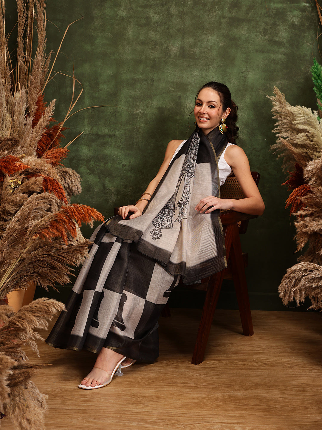Hiral Fashion Black Chanderi Cotton Blend Abstract Digital Printed Saree | Grocsy