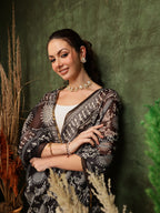 Hiral Fashion Black Chanderi Cotton Blend Abstract Digital Printed Saree | Grocsy