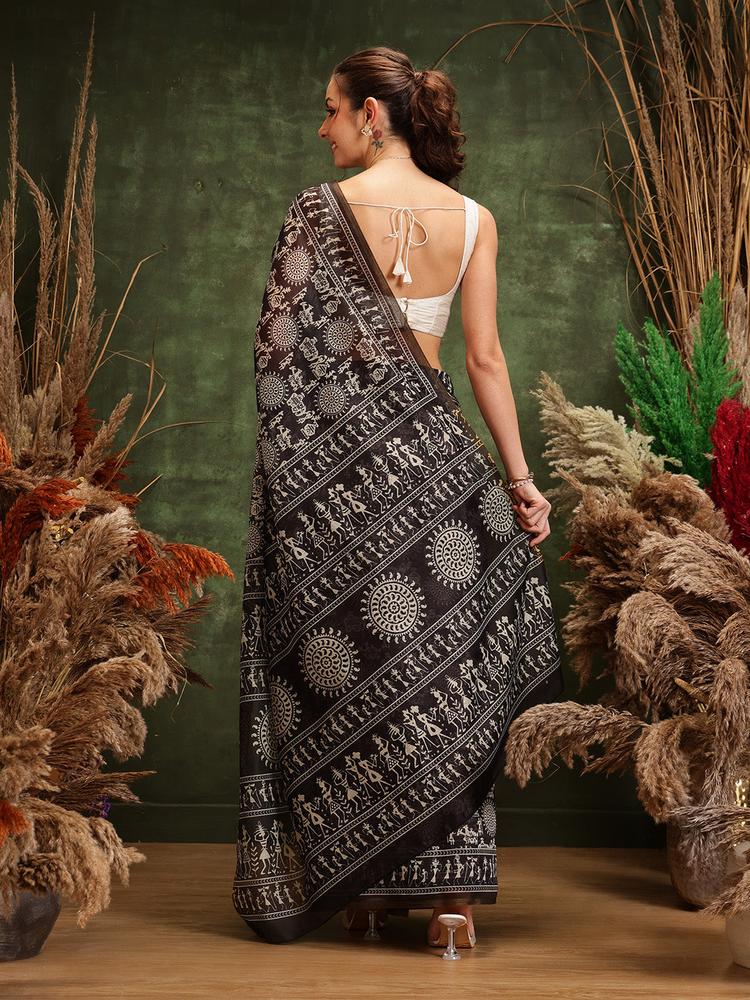 Hiral Fashion Black Chanderi Cotton Blend Abstract Digital Printed Saree | Grocsy